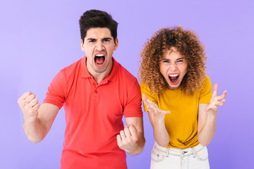 Portrait of happy caucasian people man and woman in basic clothing screaming and rejoicing together