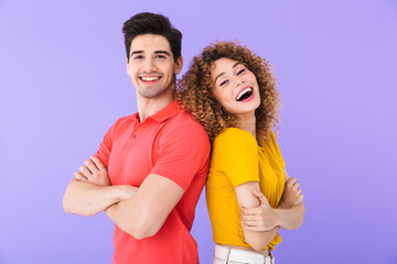 Portrait of beautiful caucasian people man and woman in basic clothing smiling together at camera...