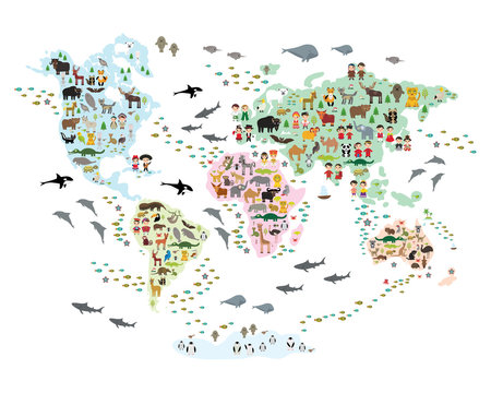 Cartoon animal world map for children and kids, back to schhool. Animals from all over the world white continents islands isolated on white background of ocean and sea. Scandinavian decor. Vector © EkaterinaP
