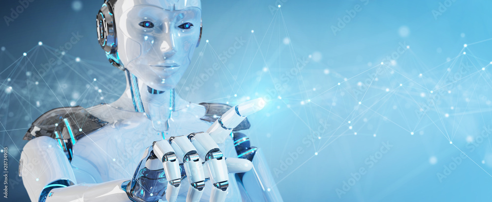 Aufkleber white robot using floating digital network connections with dots and lines 3d rendering