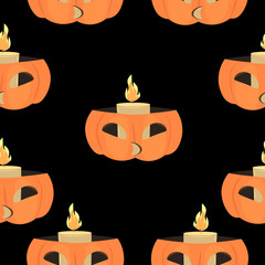 Halloween pattern. Pumpkin with candles on a black background. Design of cards, invitations, gift wrapping.