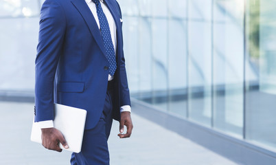 Unrecognizable Business Guy Carrying Laptop Going To Work, Cropped