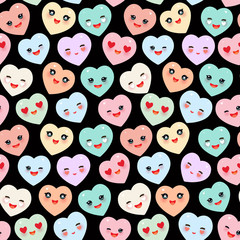 Fototapeta premium Seamless pattern Funny Kawaii heart pink, yellow, lilac, orange, green, on black background. Valentine's Day Card banner template. Can be used for Gift wrap, fabrics, wallpapers. Vector