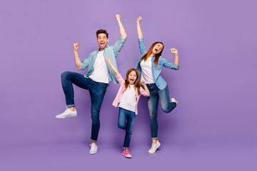 Full body photo of rejoicing dad mom and little foxy lady cool win wear casual clothes isolated...