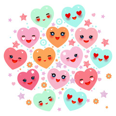 Card design with Funny Kawaii heart pink, lilac, orange, blue green, isolated on white background. Valentine's Day Card banner template. Vector