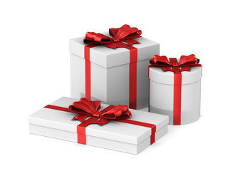 three white boxes with red bow on white background. Isolated 3D illustration