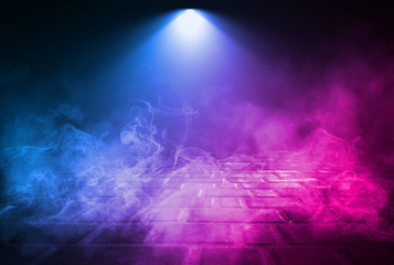 Empty background scene. Dark reflection of the street on the wet asphalt. Rays of blue and red neon...