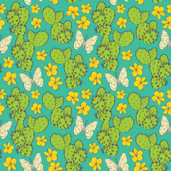 Seamless pattern cactus with flowers butterflies sketch, green orange yellow contour white on aqua blue background. simple ornament, Can be used for Gift wrap, fabrics, wallpapers. Vector