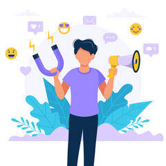 Social media influencer. Illustration with man holding megaphone and magnet. Different social media icons. Vector illustration in flat style