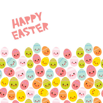 Happy Easter greeting card banner template design. Kawaii colorful blue green orange pink yellow cute funny egg with pink cheeks and winking eyes, pastel colors on white background. Vector