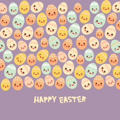 Obraz premium Happy Easter greeting card banner template design. Kawaii colorful blue green orange pink yellow cute funny egg with pink cheeks and winking eyes, pastel colors on lilac purple background. Vector