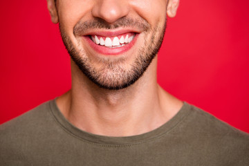 Cropped photo of guy face showing perfect teeth after dentist visit wear grey t-shirt isolated on red background
