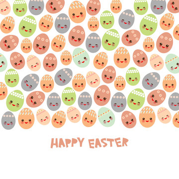 Happy Easter greeting card banner template design. Kawaii colorful blue green orange pink blue lilac cute funny egg with pink cheeks and winking eyes, pastel colors on white background. Vector