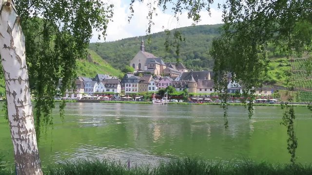 cityscape of Beilstein at Moselle River. Birch tree in front.