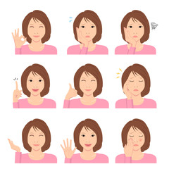 Young woman vector illustration set / hand gesture and emotional face variation.