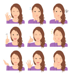 Young woman vector illustration set / hand gesture and emotional face variation.