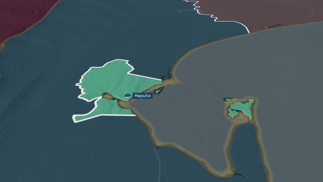Maputo City - province of Mozambique with its capital zoomed on the administrative map of the globe. Animation 3D