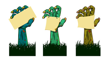 Set of Zombie hand holding blank card paper vector illustration template