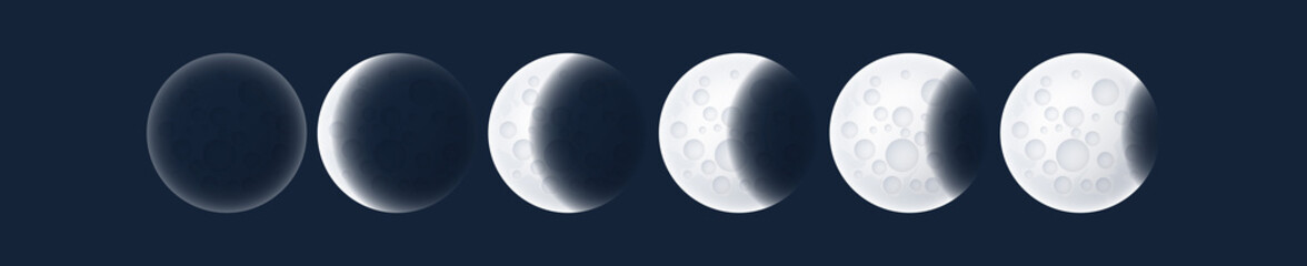 Lunar eclipse, phases of the gray moon, earth shadow on the moon, space planet with craters in the universe, vector illustration