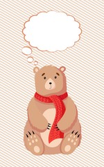 Flat Bear with thought cloud vector illustration. Teddy and thinking bubble