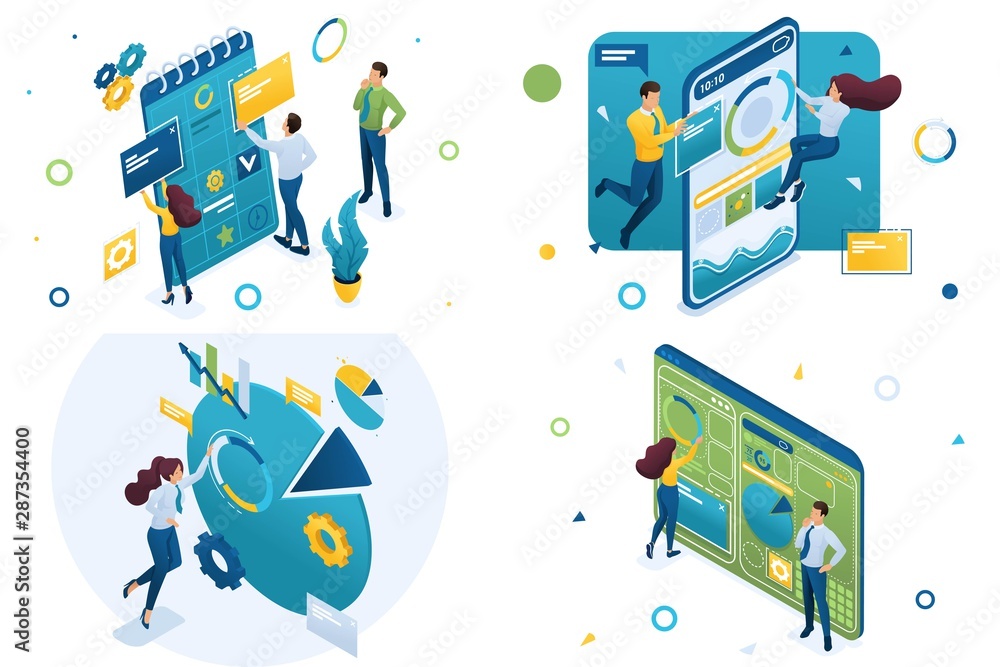 Poster set of isometric concepts business planning, data collection, create dashboard. for concept for web 