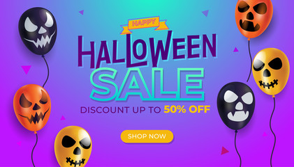 Halloween Sale banner template with spooky faces balloon