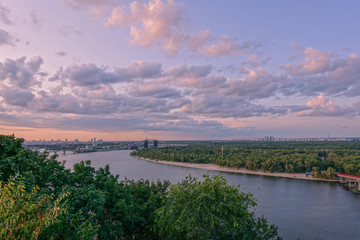 Nighttime Kiev. view of the Dnieper at sunset.