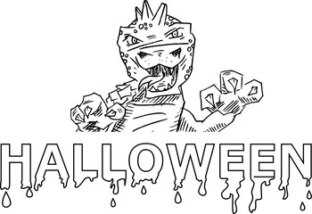 Dragon at halloween - black and white illustration