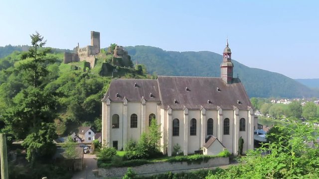 Carmine Church of Beilstein at Moselle River in Germany. Vineyard landscape.