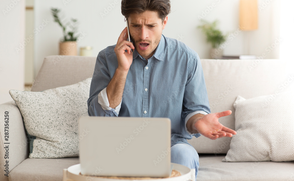Poster angry man complaining about problems by cellphone sitting on couch
