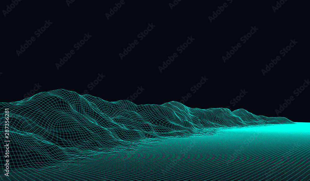 Poster abstract digital landscape with particles dots and stars on horizon. wireframe landscape background.