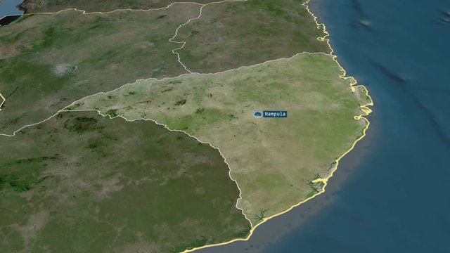 Nampula - province of Mozambique with its capital zoomed on the satellite map of the globe. Animation 3D