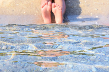 Blurred Barefoot on the seashore with crystal clear transparent water.  Blurred feet on a beach in sea water. Relax concept with barefoot and clean ripping sea water. Enjoying ocean. Relaxing in sea w