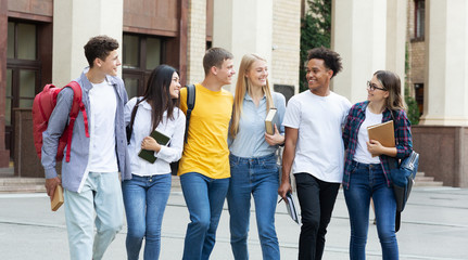 Obraz premium College classmates walking outside in campus, panorama