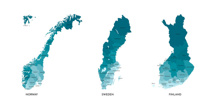 Vector isolated illustration of simplified administrative maps of Norway, Sweden, Finland. Borders and names of the regions (real proportion of states in relation to each other are different)