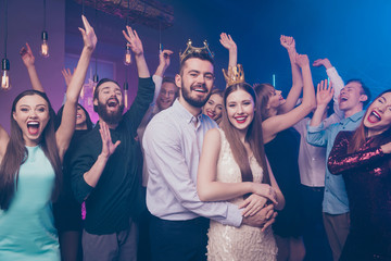 Portrait of crazy candid people mates shout raise hands wear stylish trendy formalwear dress suit...