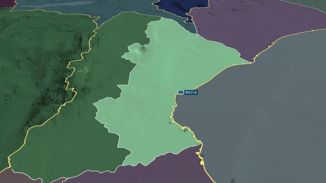 Sofala - province of Mozambique with its capital zoomed on the administrative map of the globe. Animation 3D