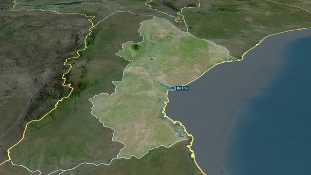 Sofala - province of Mozambique with its capital zoomed on the satellite map of the globe. Animation 3D