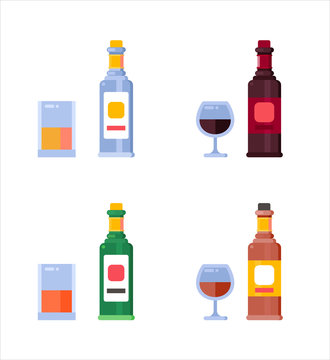 Set of alcohol bottles. Alcohol drinks. Isolated vector icon set.