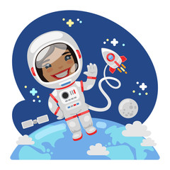 Cartoon astronaut in outer space above planet Earth near a rocket. Composition with a professional woman. Flat female character.