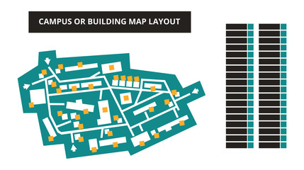 Vector editable floor plan with fields for logos or titles – campus or building map in green color isolated on a white background. Suitable as a map of shopping mall, production hall, festival or shop