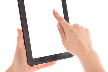 in human hands tablet computer touch-screen gadget with isolated