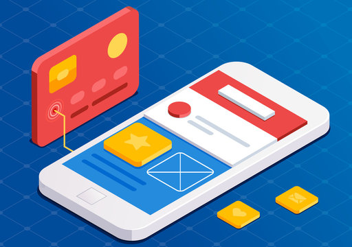Mobile App Development, flat 3d isometric style. Blue web design. Front end developer app. Working on start-up. 