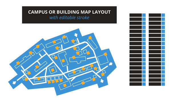 Vector Editable Floor Plan With Fields For Logos Or Titles – Blue Campus Or Building Map With Editable Stroke Isolated On White. Suitable As A Map Of Shopping Mall, Production Hall, Festival, Shop.