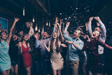 Nice-looking attractive glamorous elegant stylish cheerful positive girls and guys having fun bachelor graduate dream amusement event in fashionable luxury place nightclub indoors