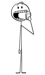 Vector cartoon stick figure drawing conceptual illustration of man with unopened can or tin in mouth, trying to eat canned or tinned food.