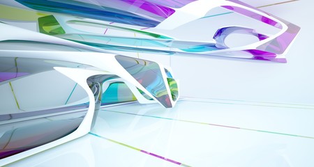 Abstract white and colored gradient glasses interior multilevel public space with window. 3D illustration and rendering.