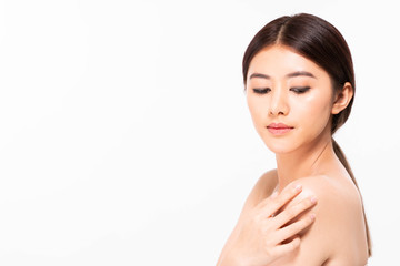 Asian woman beauty face closeup portrait with clean and fresh elegant lady in studio white background.