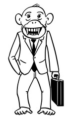 Vector cartoon character drawing conceptual illustration of monkey, ape or chimpanzee businessman in suit and briefcase. Monkey business concept.