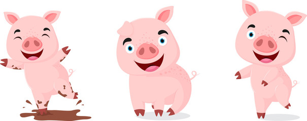 Cute Pig cartoon with different poses, isolated on white background